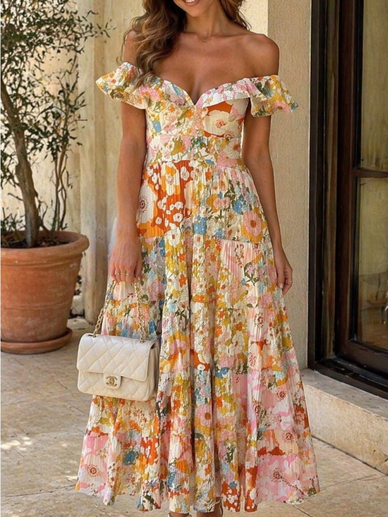 Beulah Dresses & Skirts - Beulah One-Shoulder Floral Maxi Dress in Multi Pastels